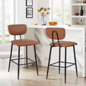 Nusetx Barstools Set of 2, 26 Inch Counter Height Bar Stool Mid-Century - Modern PU Leather Kitchen Island Height Chair with Back & Footrest, Tall Pub Stools for Bar/Counter Metal Legs (2 Pack, Brown)