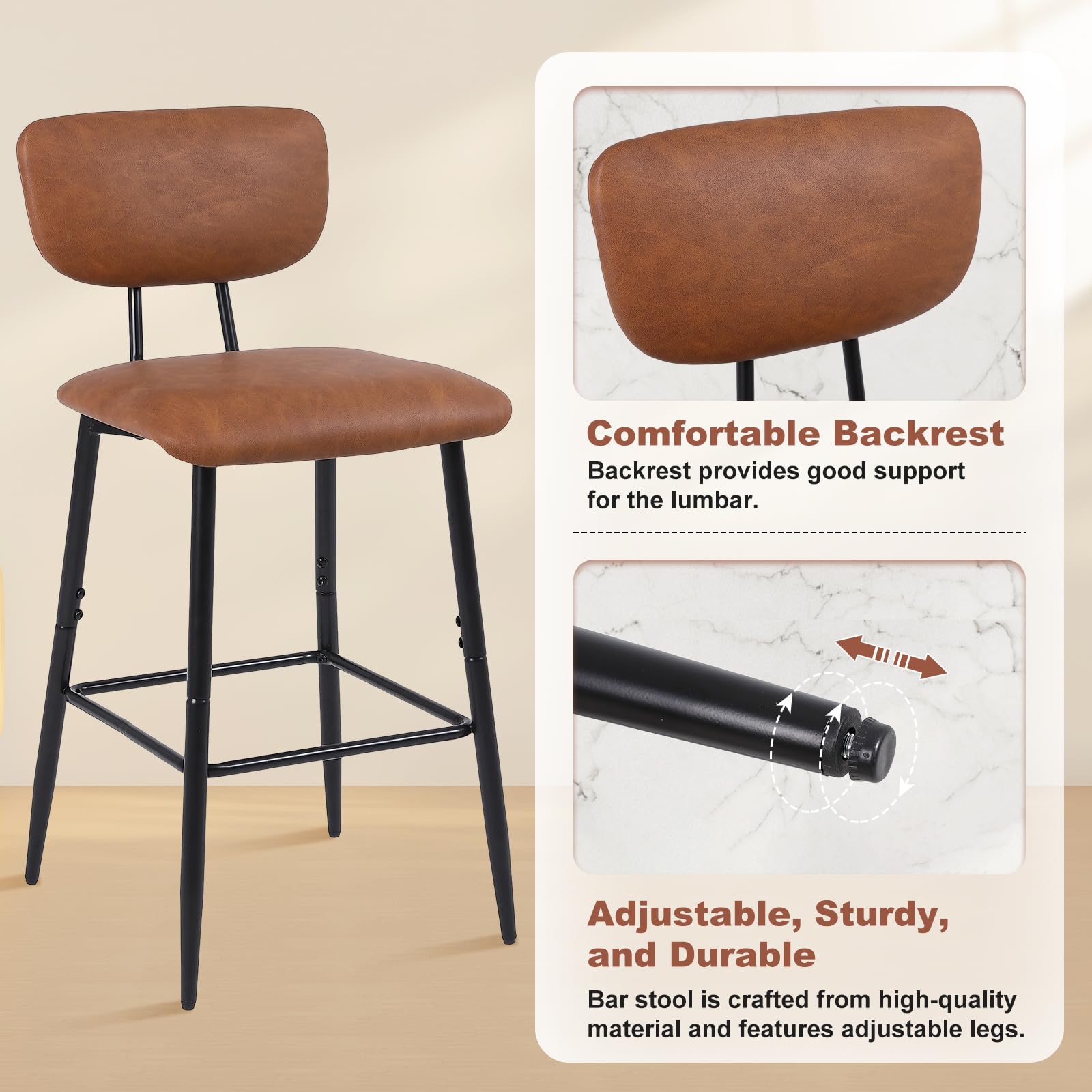 Nusetx Barstools Set of 2, 26 Inch Counter Height Bar Stool Mid-Century - Modern PU Leather Kitchen Island Height Chair with Back & Footrest, Tall Pub Stools for Bar/Counter Metal Legs (2 Pack, Brown)