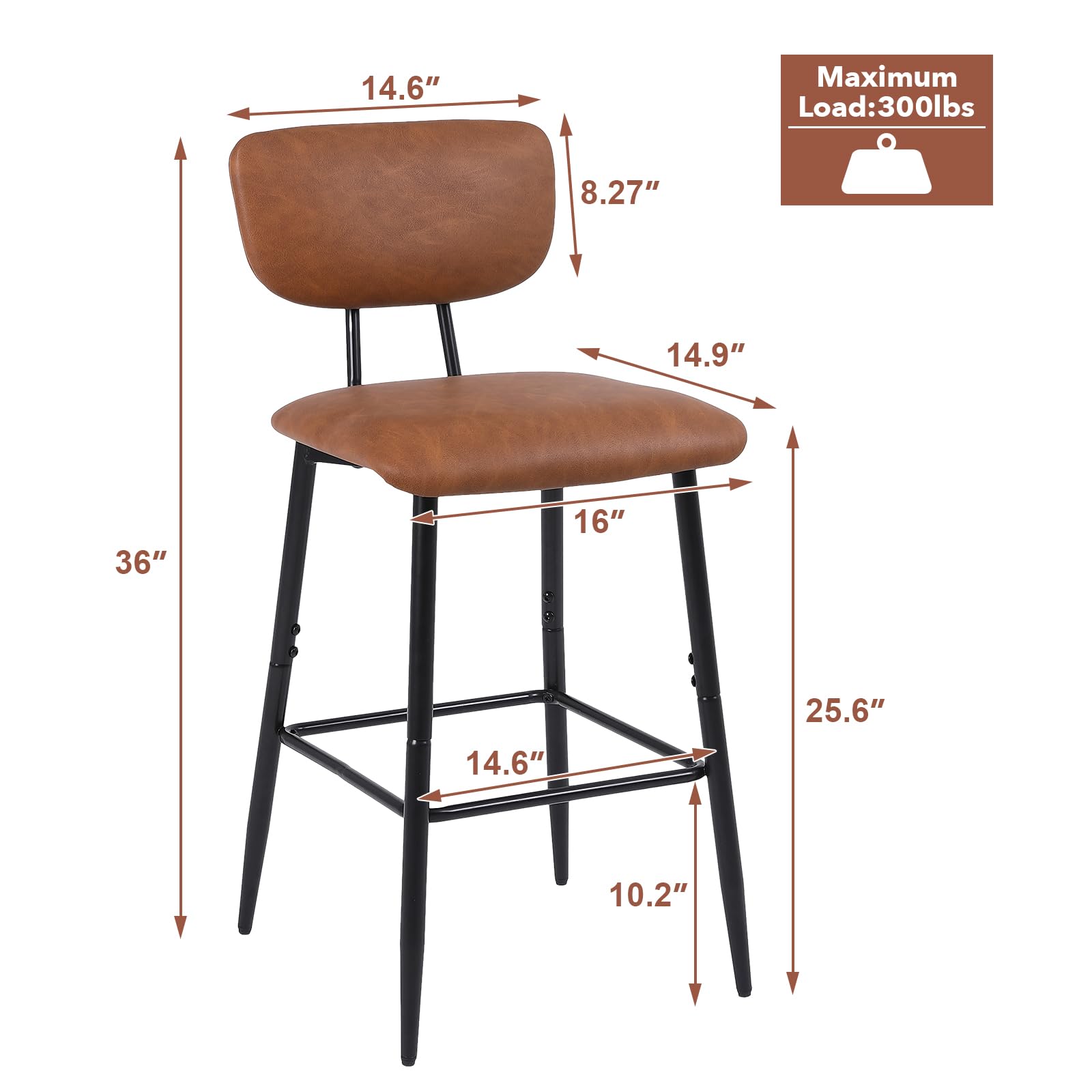 Nusetx Barstools Set of 2, 26 Inch Counter Height Bar Stool Mid-Century - Modern PU Leather Kitchen Island Height Chair with Back & Footrest, Tall Pub Stools for Bar/Counter Metal Legs (2 Pack, Brown)