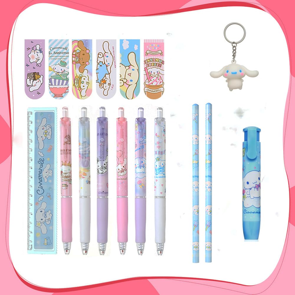 Kueeger Cinnamoroll School Supplies Set,Kawaii Cute School Supplies Gifts Set Includes Pencil Case,Pens,Sticky Note,Pins,Ruler,Eraser,Bookmarks,Stickers,Keychain,ID Card Holder with Lanyard