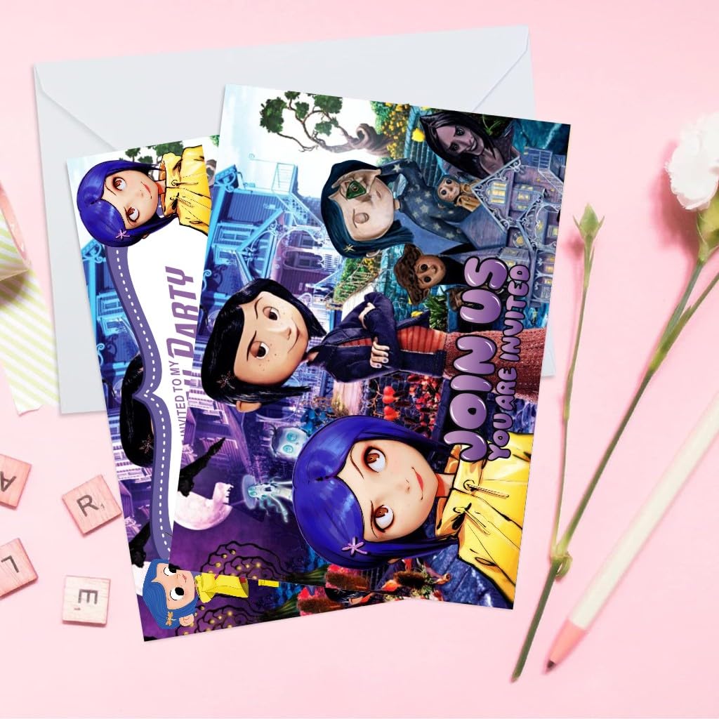 humicide 16 Pack Coraline Birthday Invitation Cards with Envelopes, Coraline Birthday Party Supplies for Kids Party Decorations