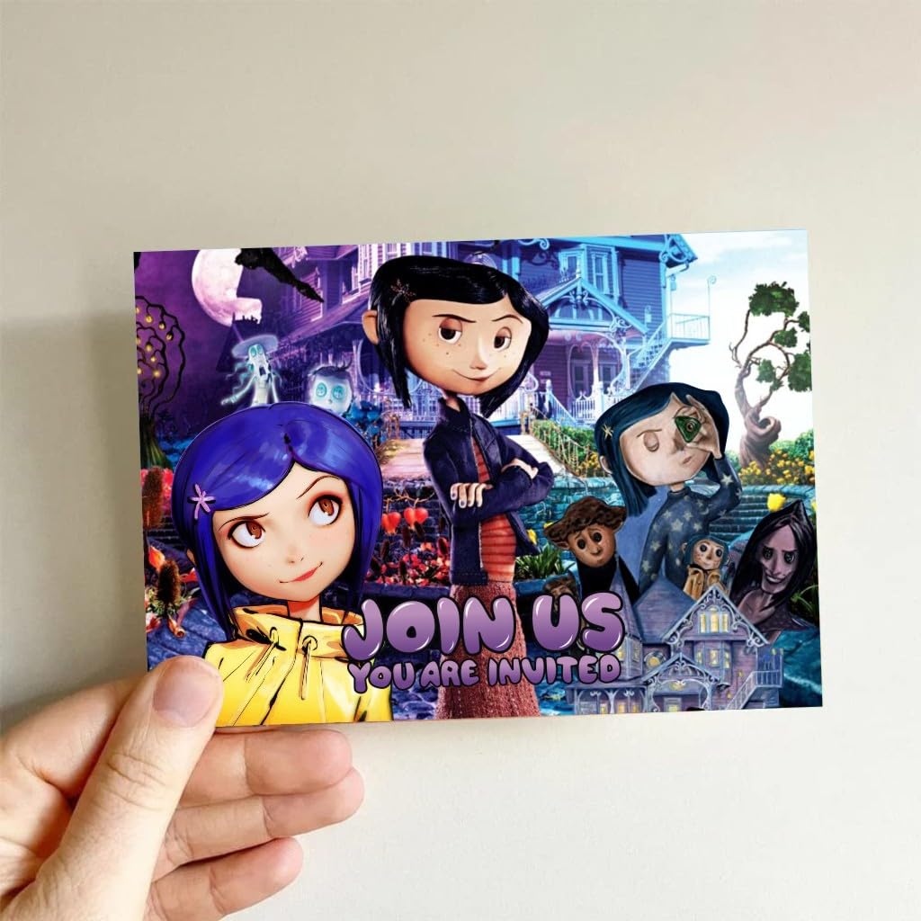 humicide 16 Pack Coraline Birthday Invitation Cards with Envelopes, Coraline Birthday Party Supplies for Kids Party Decorations