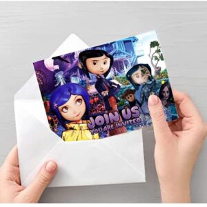 humicide 16 Pack Coraline Birthday Invitation Cards with Envelopes, Coraline Birthday Party Supplies for Kids Party Decorations