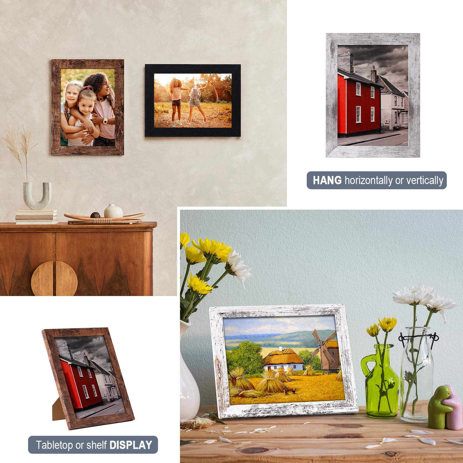 LANDNEOO 5x7 Picture Frame Set of 4, Wood Farmhouse Style Frames, Display Pictures 5x7 with Mat or 4x6 Without Mat for Wall Mounting or Table Top Display, Multicolour