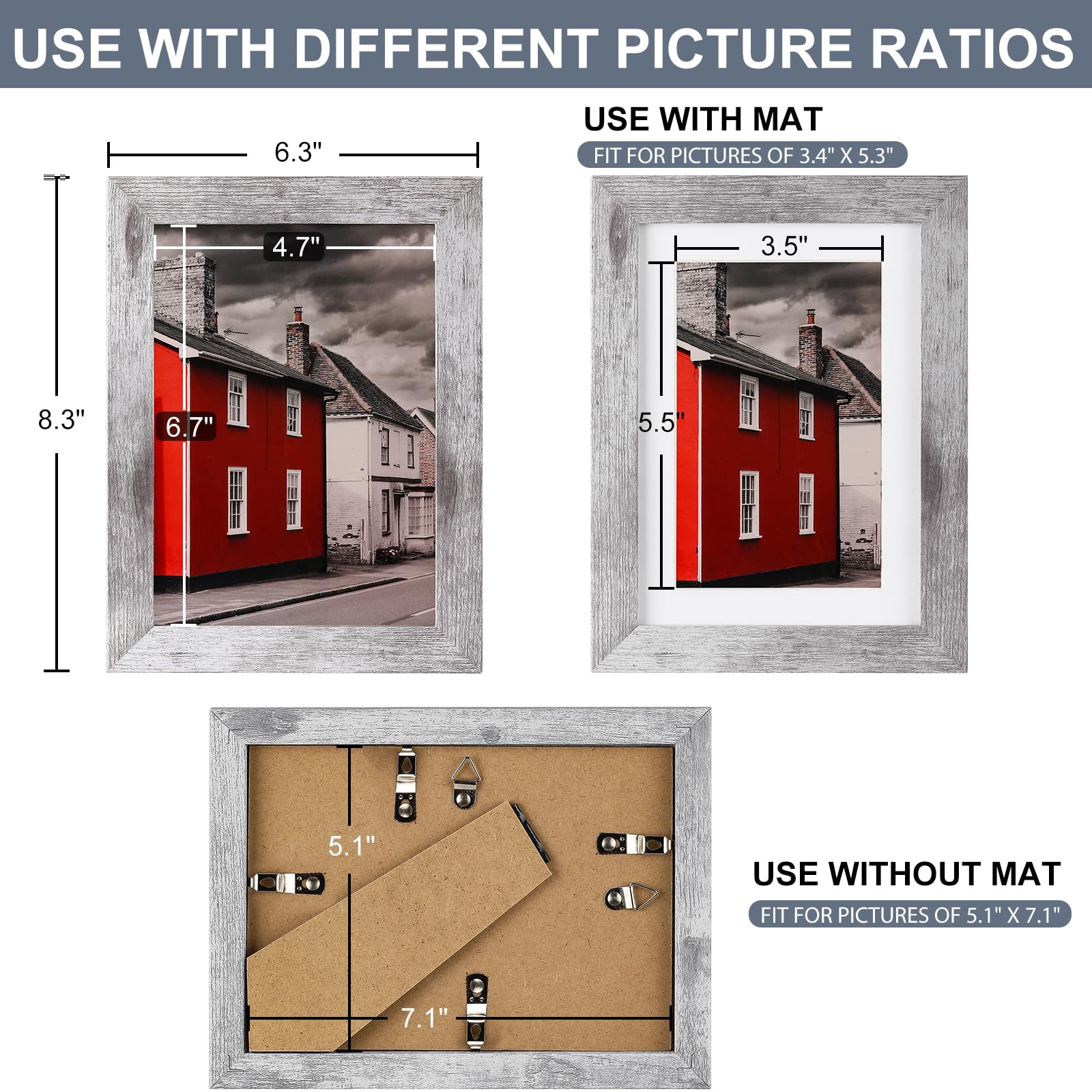 LANDNEOO 5x7 Picture Frame Set of 4, Wood Farmhouse Style Frames, Display Pictures 5x7 with Mat or 4x6 Without Mat for Wall Mounting or Table Top Display, Multicolour