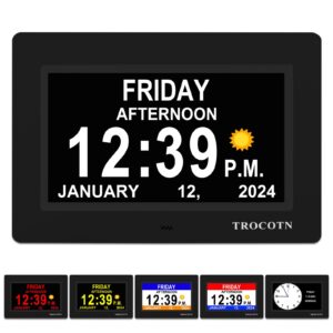 trocotn【newest dementia clock large digital clock for seniors, calendar clock large display with custom alarms,wall clock with day & date, alarm clock,desk clock (7 inch black)