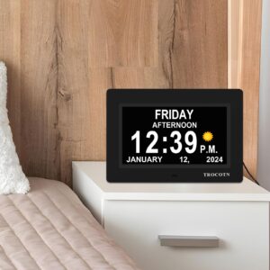 TROCOTN【Newest Dementia Clock Large Digital Clock for Seniors, Calendar Clock Large Display with custom Alarms,Wall Clock with Day & Date, Alarm Clock,Desk Clock (7 inch Black)