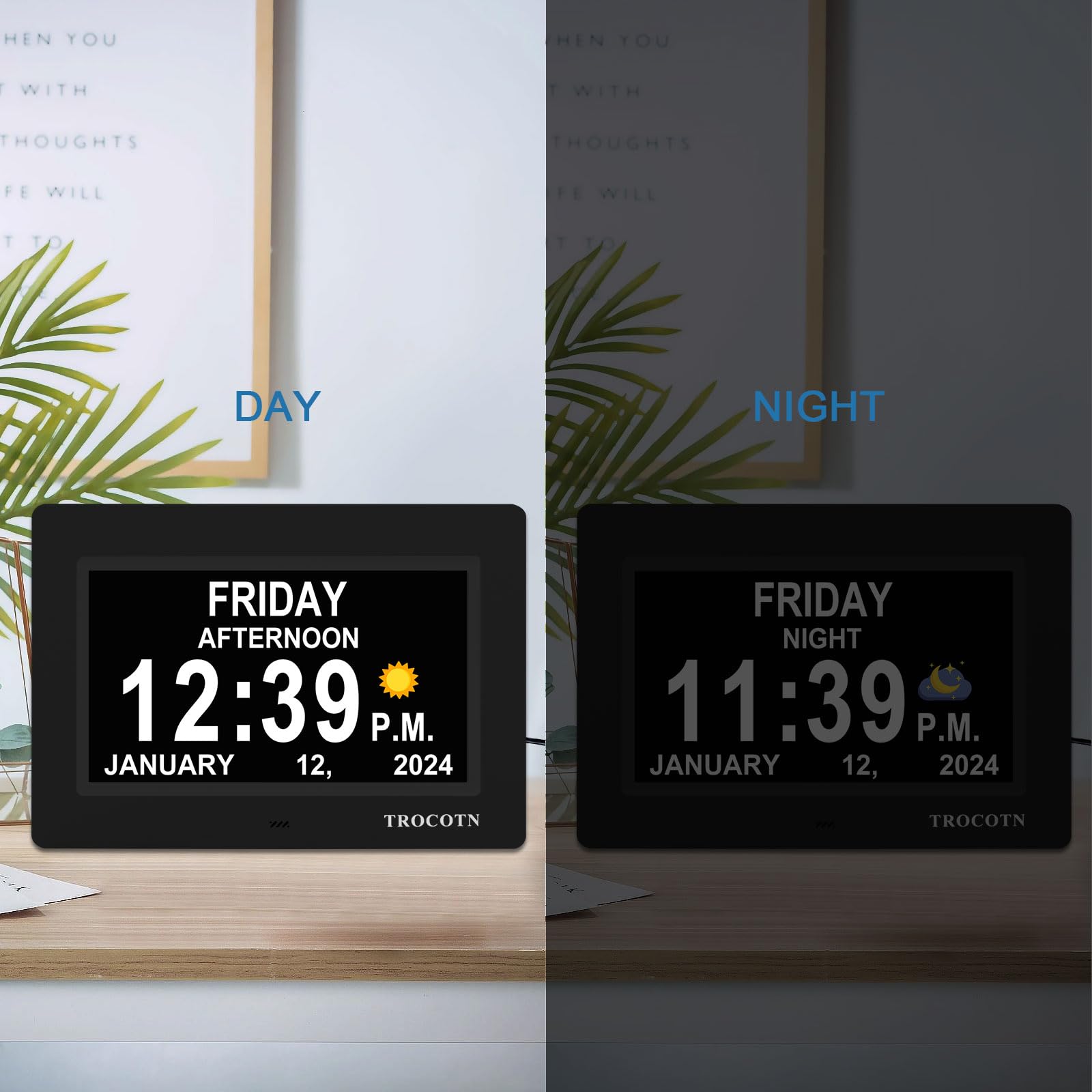 TROCOTN【Newest Dementia Clock Large Digital Clock for Seniors, Calendar Clock Large Display with custom Alarms,Wall Clock with Day & Date, Alarm Clock,Desk Clock (7 inch Black)