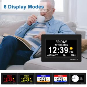 TROCOTN【Newest Dementia Clock Large Digital Clock for Seniors, Calendar Clock Large Display with custom Alarms,Wall Clock with Day & Date, Alarm Clock,Desk Clock (7 inch Black)