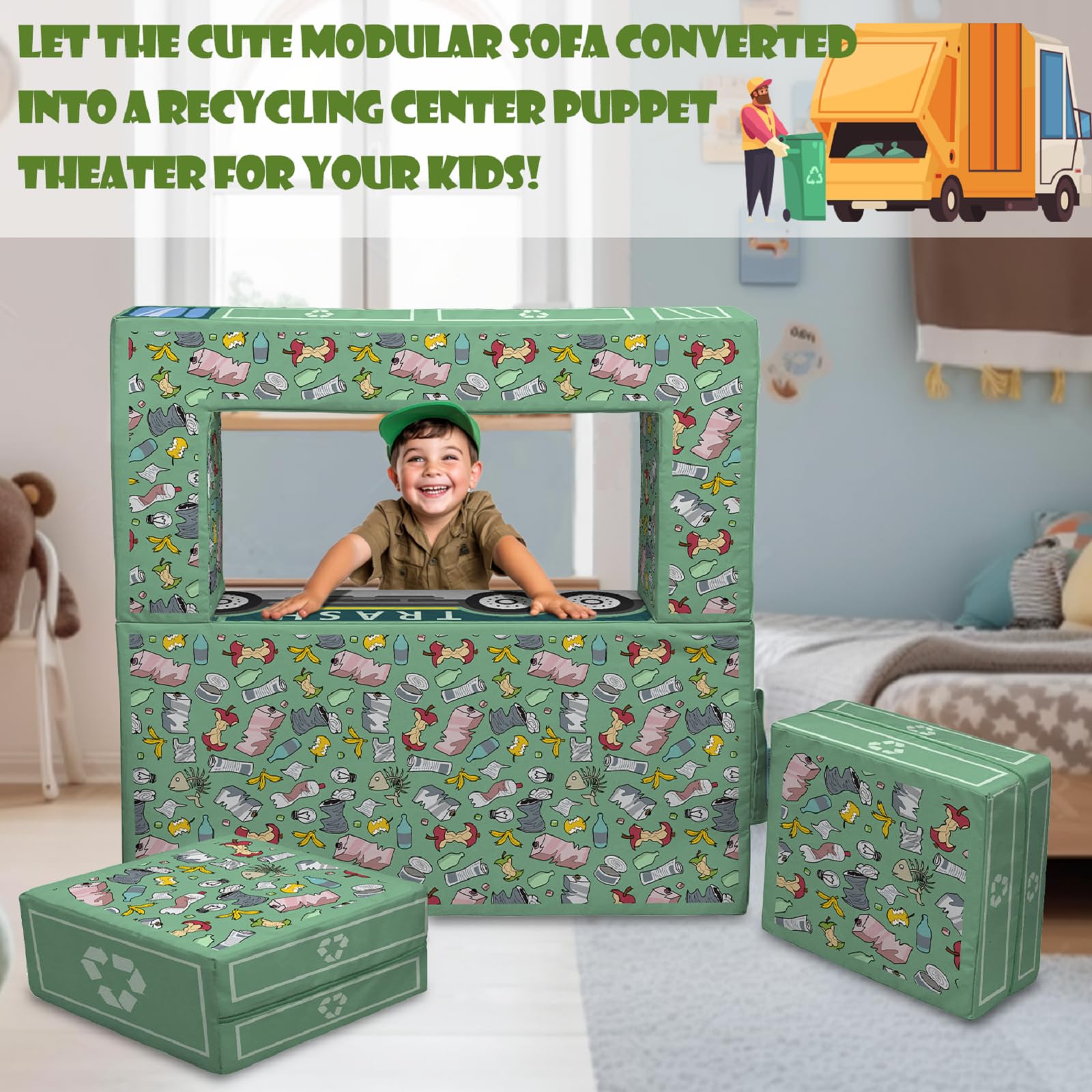 Kids Couch, Kids Modular Sofa for Toddler 3 in 1 Fold Out Kids Toddler Sofa Child Modular Sectional Sofa, Convertible Play Couch Imaginative Furniture for Boys & Girls with Washable Covers