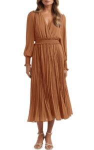 prettygarden women's midi long puff sleeve summer dresses 2024 smocked waist v neck flowy ruffle pleated casual long dress (brown,medium)