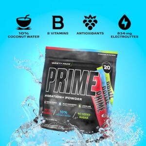 PRIME HYDRATION+ Sticks VARIETY PACK | Hydration Powder Single Serve Sticks | Electrolyte Powder On The Go | Low Sugar | Caffeine-Free | Vegan | 20 Sticks