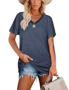 ovanviso women's v neck t shirt summer color block ribbed v neck short sleeve tunic top loose fit dark blue