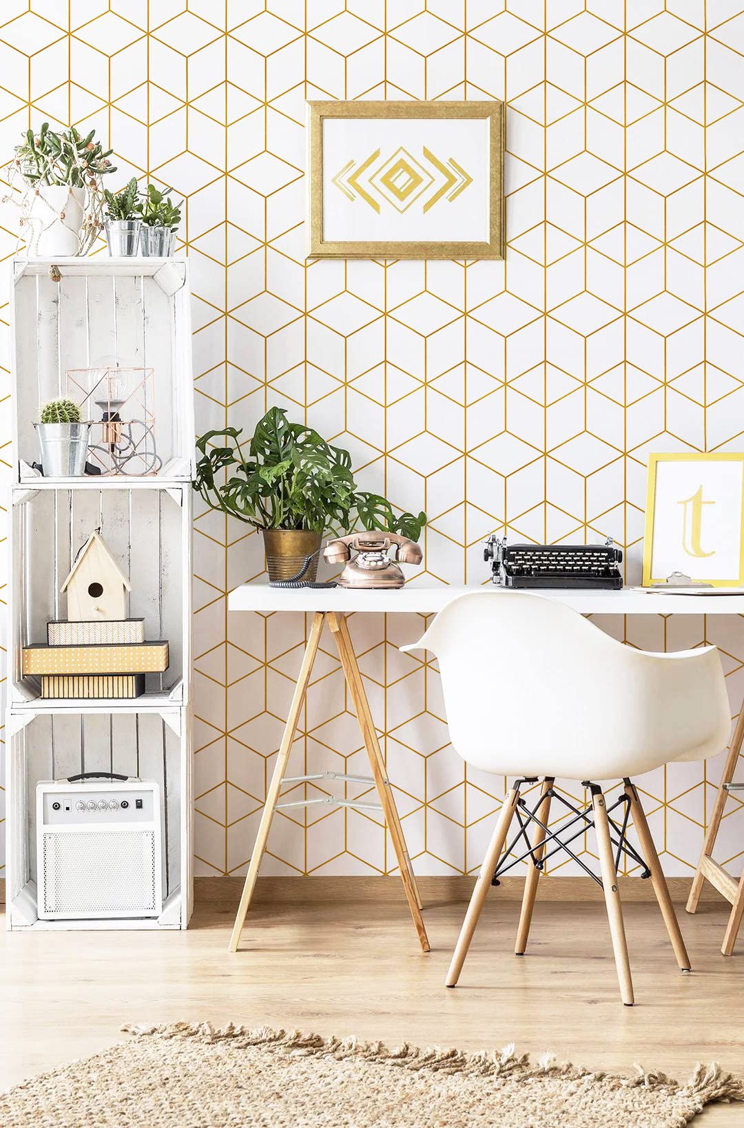 Peel and Stick Wallpaper Gold and White Contact Paper Geometric Wallpaper Self Adhesive Removable Wallpaper for Walls Covering Vinyl Rolls 118"x17.7"