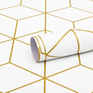 Peel and Stick Wallpaper Gold and White Contact Paper Geometric Wallpaper Self Adhesive Removable Wallpaper for Walls Covering Vinyl Rolls 118"x17.7"