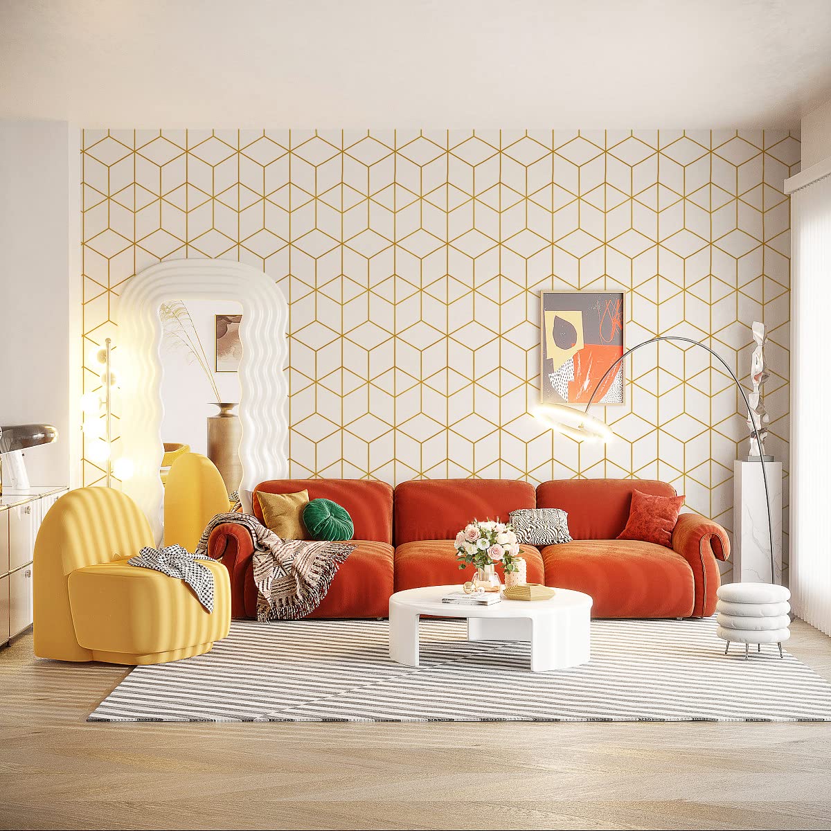 Peel and Stick Wallpaper Gold and White Contact Paper Geometric Wallpaper Self Adhesive Removable Wallpaper for Walls Covering Vinyl Rolls 118"x17.7"