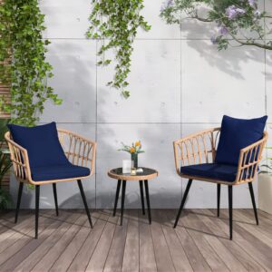 soarflash 3 pieces outdoor wicker bistro set rattan conversation set with coffee table, patio chair set for lawn, garden,backyard, deep blue