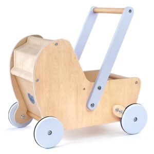 Pillowhale Wooden Baby Doll Pram Stroller,Wooden Baby Walker Push and Pull Doll Stroller,Baby Wooden Toy Stroller for Toddler Boys Girls 18 Months and Up