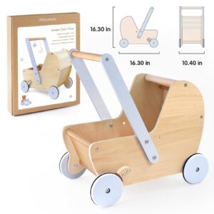 Pillowhale Wooden Baby Doll Pram Stroller,Wooden Baby Walker Push and Pull Doll Stroller,Baby Wooden Toy Stroller for Toddler Boys Girls 18 Months and Up