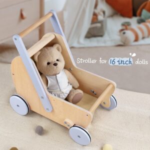 Pillowhale Wooden Baby Doll Pram Stroller,Wooden Baby Walker Push and Pull Doll Stroller,Baby Wooden Toy Stroller for Toddler Boys Girls 18 Months and Up