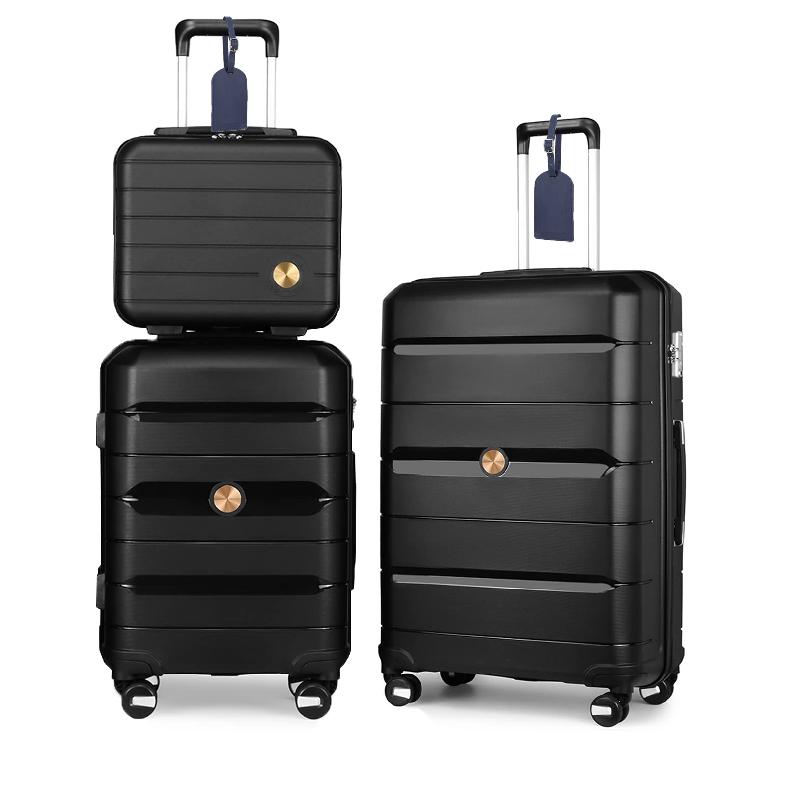 Somago 3 Pieces Luggage Set(14/20/24) PP Lightweight 4 Double 360 Degrees Mute Spinner Wheels Suitcase with TSA Lock & YKK Zipper (Classic Black)