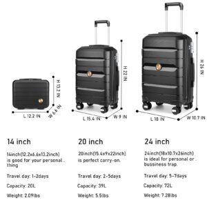 Somago 3 Pieces Luggage Set(14/20/24) PP Lightweight 4 Double 360 Degrees Mute Spinner Wheels Suitcase with TSA Lock & YKK Zipper (Classic Black)