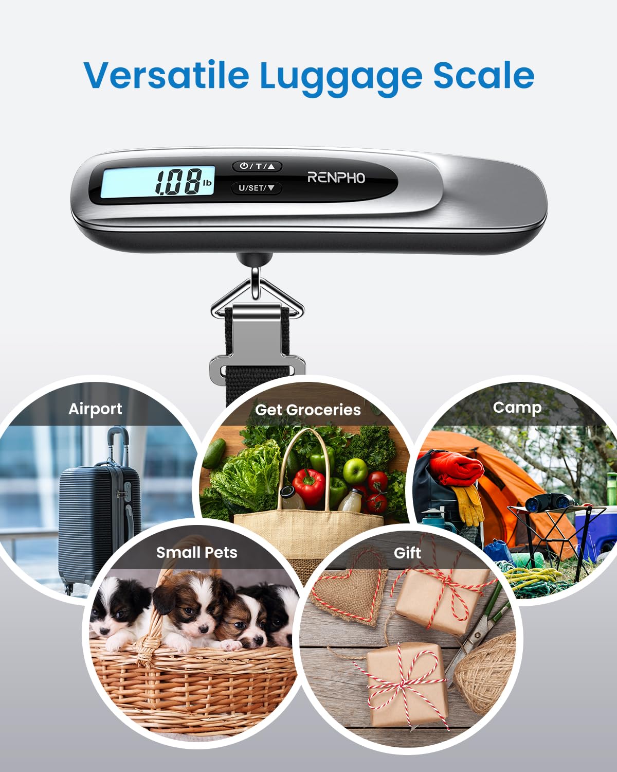 RENPHO Luggage Scale, Suitcase Scale for Travel, Baggage Weight Scale with Backlit, Portable Handheld Scale with Tare Function, Overweight Reminder, Rubber Paint, 110lb/50kg, Battery Included