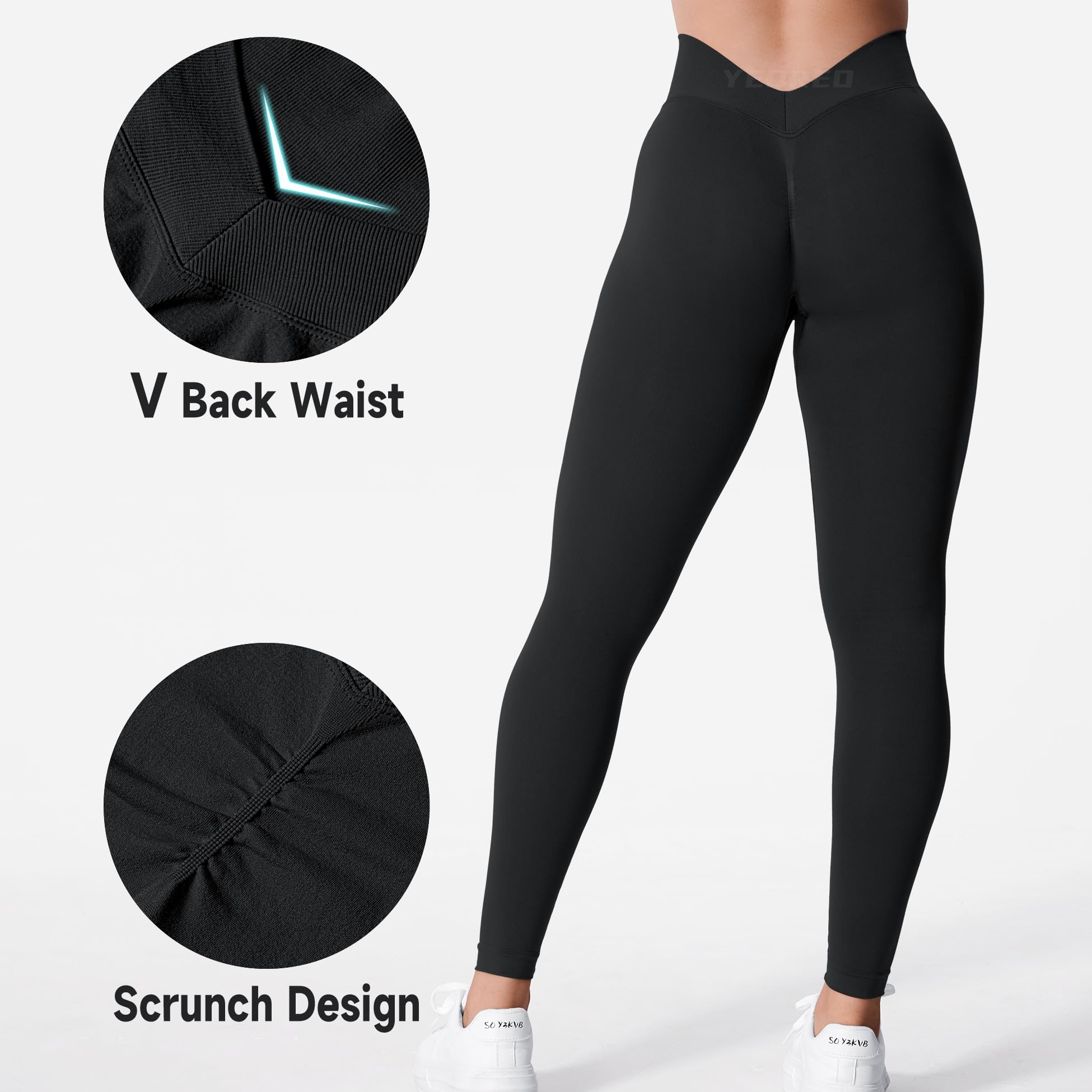 YEOREO Liz Scrunch Workout Leggings for Women High Waisted Butt Lifting V Back Waist Seamless Gym Yoga Leggings Black S