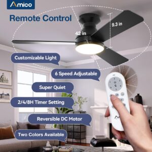 Amico Ceiling Fans with Lights, 42 inch Low Profile Ceiling fan with Light and Remote Control, Flush Mount, Reversible, 3CCT, Dimmable, Noiseless, Black Ceiling Fan for Bedroom, Indoor/Outdoor Use