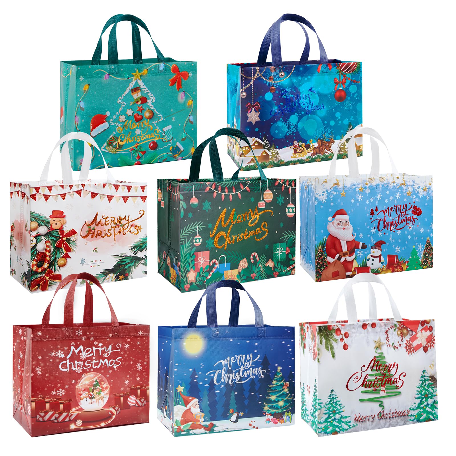 YANGTE 8 Pack Christmas Gift Bags with Handles, Large Non-Woven Tote Bags for Wrapping Xmas Party Favors, 12.8"x9.8"x6.7