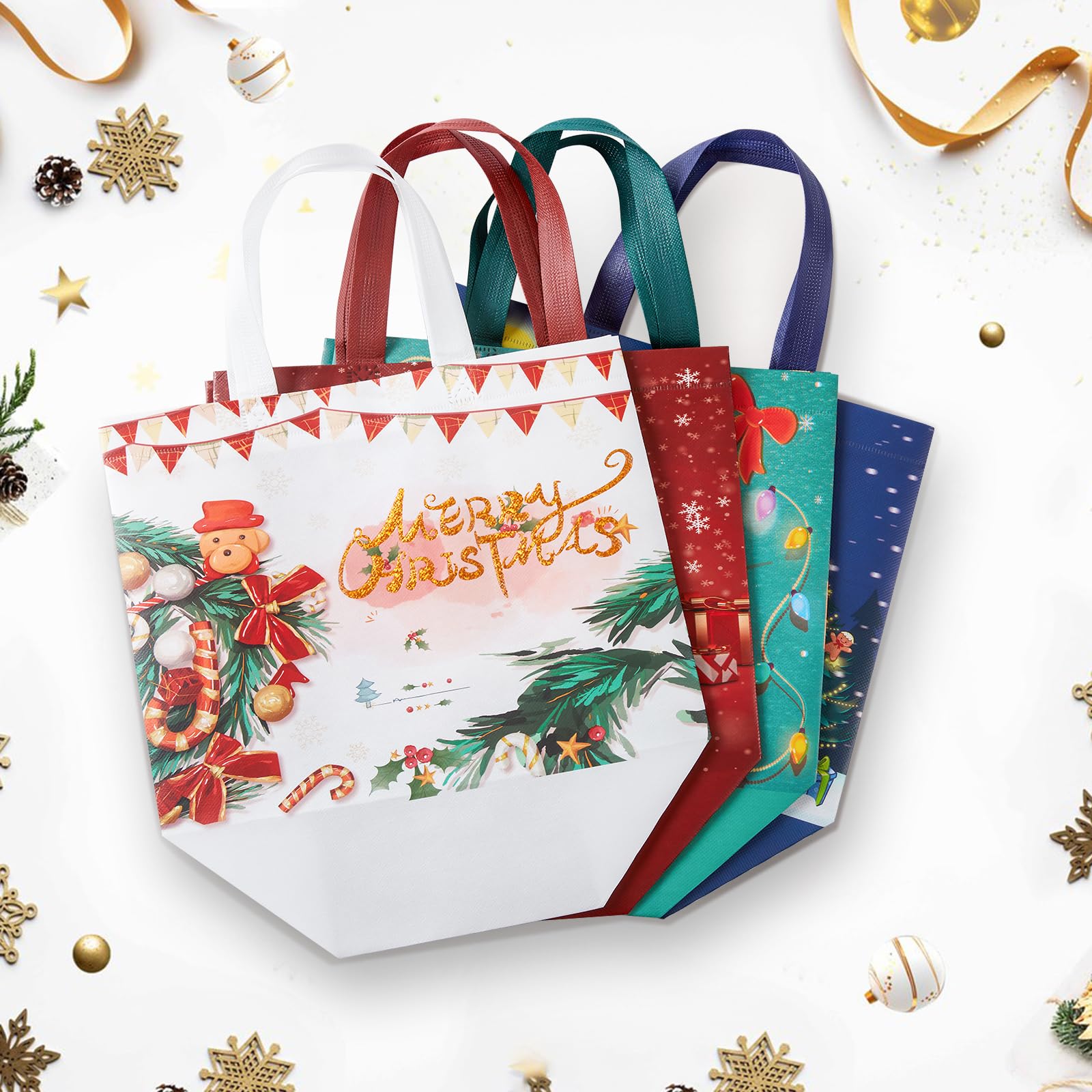 YANGTE 8 Pack Christmas Gift Bags with Handles, Large Non-Woven Tote Bags for Wrapping Xmas Party Favors, 12.8"x9.8"x6.7