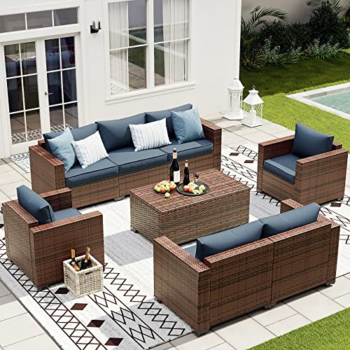 VONZOY Wide Armrest Outdoor Patio Furniture Set, 5 Piece Patio Sectional Sofa with Storage Table for Backyard, Porch, Balcony, Poolside(Navy Blue)