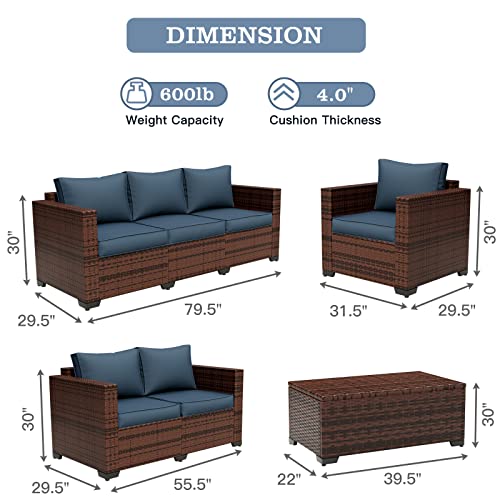 VONZOY Wide Armrest Outdoor Patio Furniture Set, 5 Piece Patio Sectional Sofa with Storage Table for Backyard, Porch, Balcony, Poolside(Navy Blue)