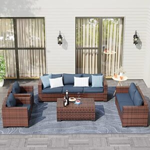 VONZOY Wide Armrest Outdoor Patio Furniture Set, 5 Piece Patio Sectional Sofa with Storage Table for Backyard, Porch, Balcony, Poolside(Navy Blue)