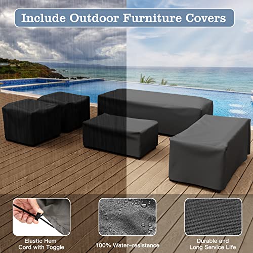 VONZOY Wide Armrest Outdoor Patio Furniture Set, 5 Piece Patio Sectional Sofa with Storage Table for Backyard, Porch, Balcony, Poolside(Navy Blue)