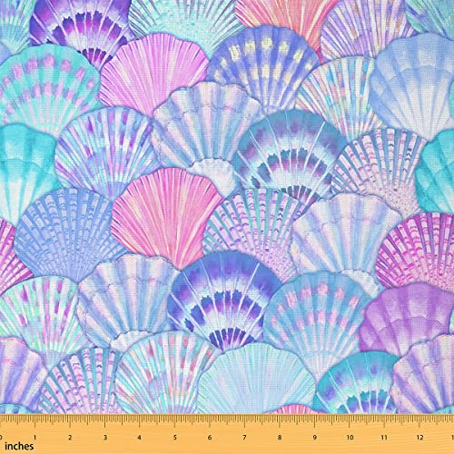 Watercolor Shells Print Fabric by The Yard Dreamy Fish Scale Coastal Sea Creature DIY Craft Hobby Fabric by The Yard Blue Purple Ombre Spiral Pattern Fabric for Upholstery and Home Accents,1 Yard