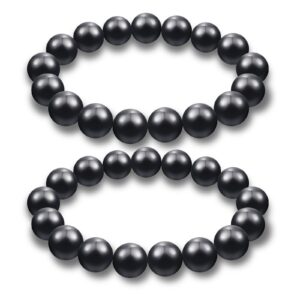 Hicarer 2 Pieces Shungite Bracelet Black Shungite Beads Crystal Stretchy Stones Bracelets Energy Jewelry Powerful Defender Spiritual Healing Chakra Balance for Men Women(12 mm)