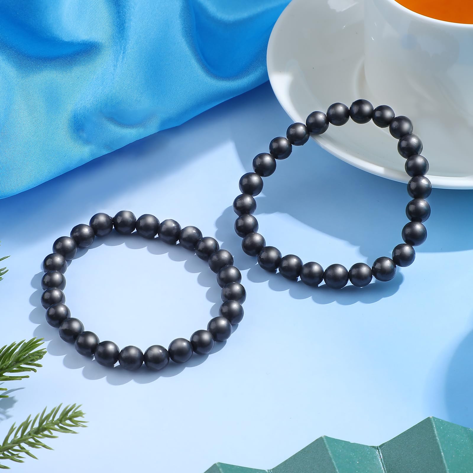 Hicarer 2 Pieces Shungite Bracelet Black Shungite Beads Crystal Stretchy Stones Bracelets Energy Jewelry Powerful Defender Spiritual Healing Chakra Balance for Men Women(12 mm)