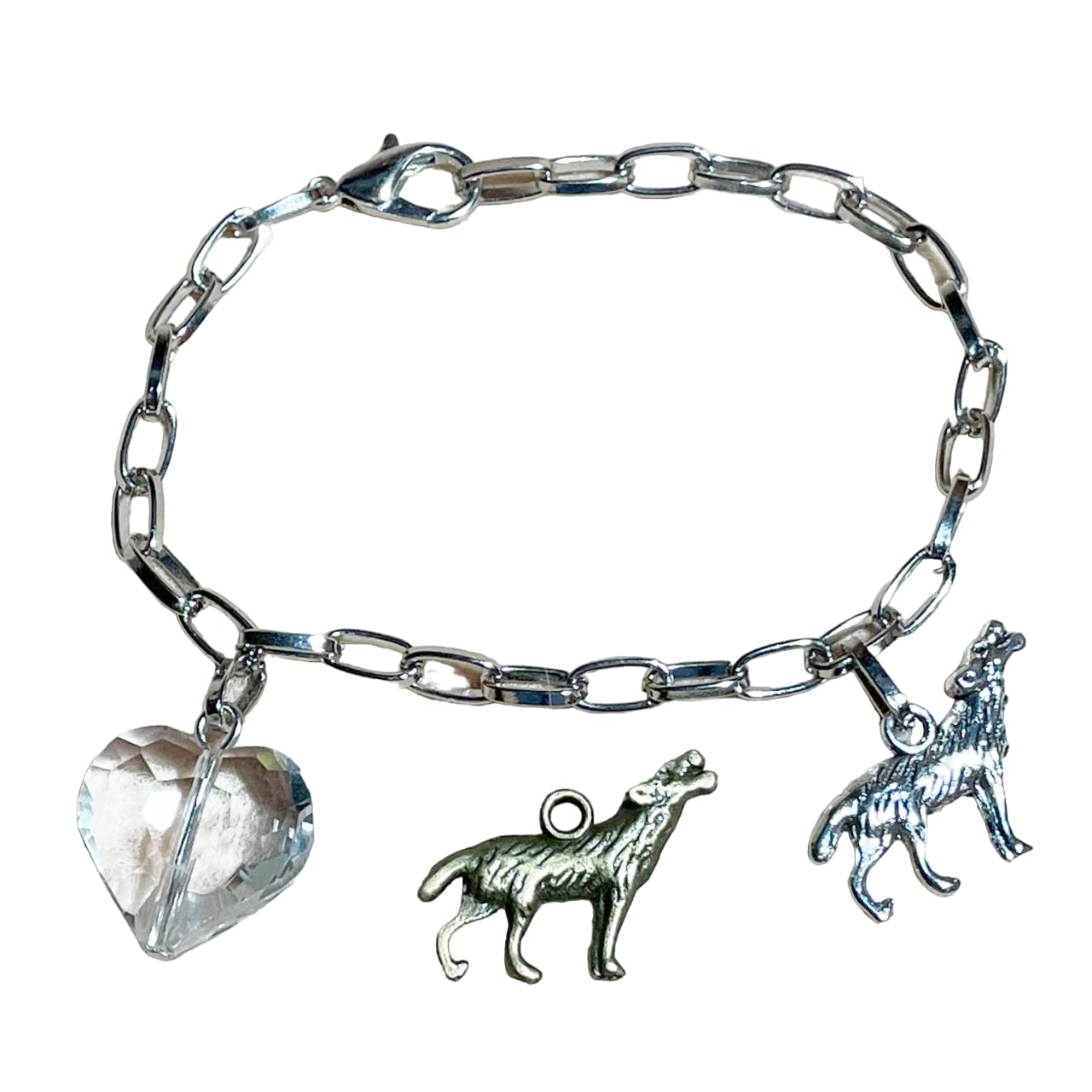 Bella Bracelet - Twilight Themed Graduation Gift Made of Silver Chain with Clear Heart Crystal Bead and Wolf Charm (silver wolf)