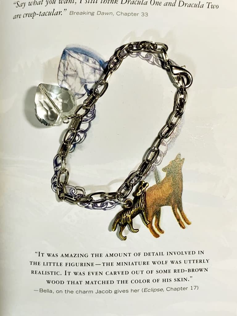 Bella Bracelet - Twilight Themed Graduation Gift Made of Silver Chain with Clear Heart Crystal Bead and Wolf Charm (silver wolf)