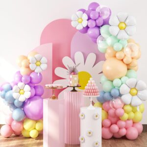 HOUSE OF PARTY Groovy Daisy Flower Balloons - 114 Pcs Pastel Rainbow Balloon Arch Garland Kit - Clear Bubble & Bobo Balloons - Perfect for Birthday, Baby Showers, Weddings & Party Decoration!