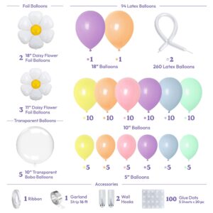 HOUSE OF PARTY Groovy Daisy Flower Balloons - 114 Pcs Pastel Rainbow Balloon Arch Garland Kit - Clear Bubble & Bobo Balloons - Perfect for Birthday, Baby Showers, Weddings & Party Decoration!