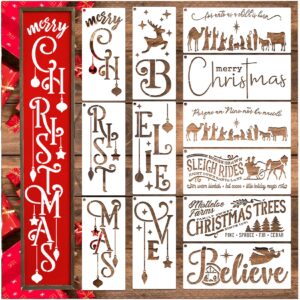 12 pcs christmas stencils for painting on wood porch sign, large believe merry christmas stencil holiday nativity painting stencils for wood sign diy crafts canvas fabrics (12pcs porch christmas)