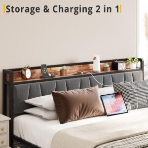 LIKIMIO Queen Bed Frame, Storage Headboard with Charging Station, Platform Bed with Drawers, No Box Spring Needed, Easy Assembly, Vintage Brown and Gray