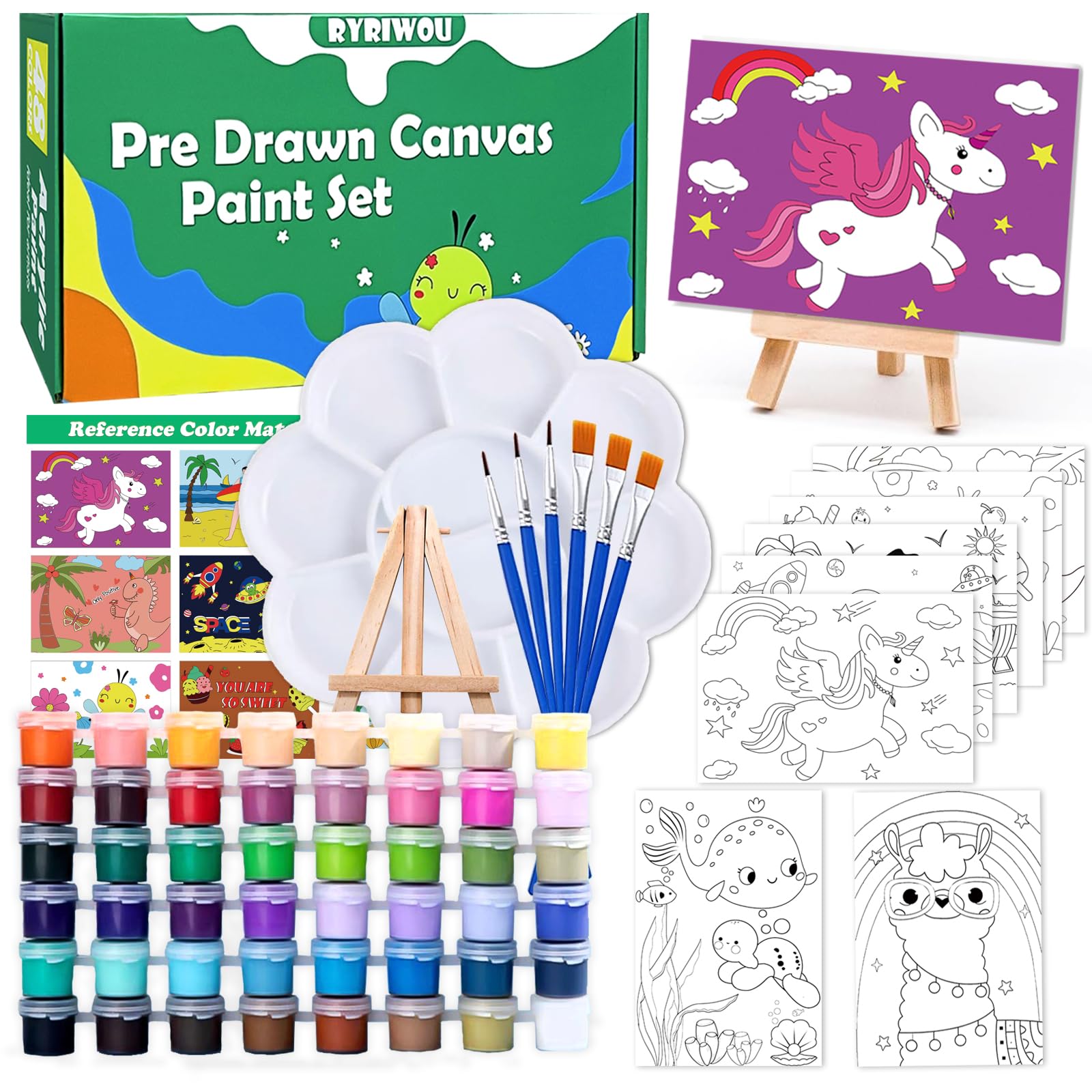 RYRIWOU Pre Drawn Canvas Set 8 Packs Pre-Printed Canvas Acrylic Oil Painting Kit for Kids Ages 8-12 9-12 5x7 inch Canvas with 48 Paints 6 Brushes 2 Easels for Party Favor School Projects