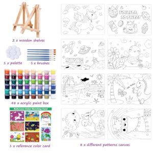 RYRIWOU Pre Drawn Canvas Set 8 Packs Pre-Printed Canvas Acrylic Oil Painting Kit for Kids Ages 8-12 9-12 5x7 inch Canvas with 48 Paints 6 Brushes 2 Easels for Party Favor School Projects