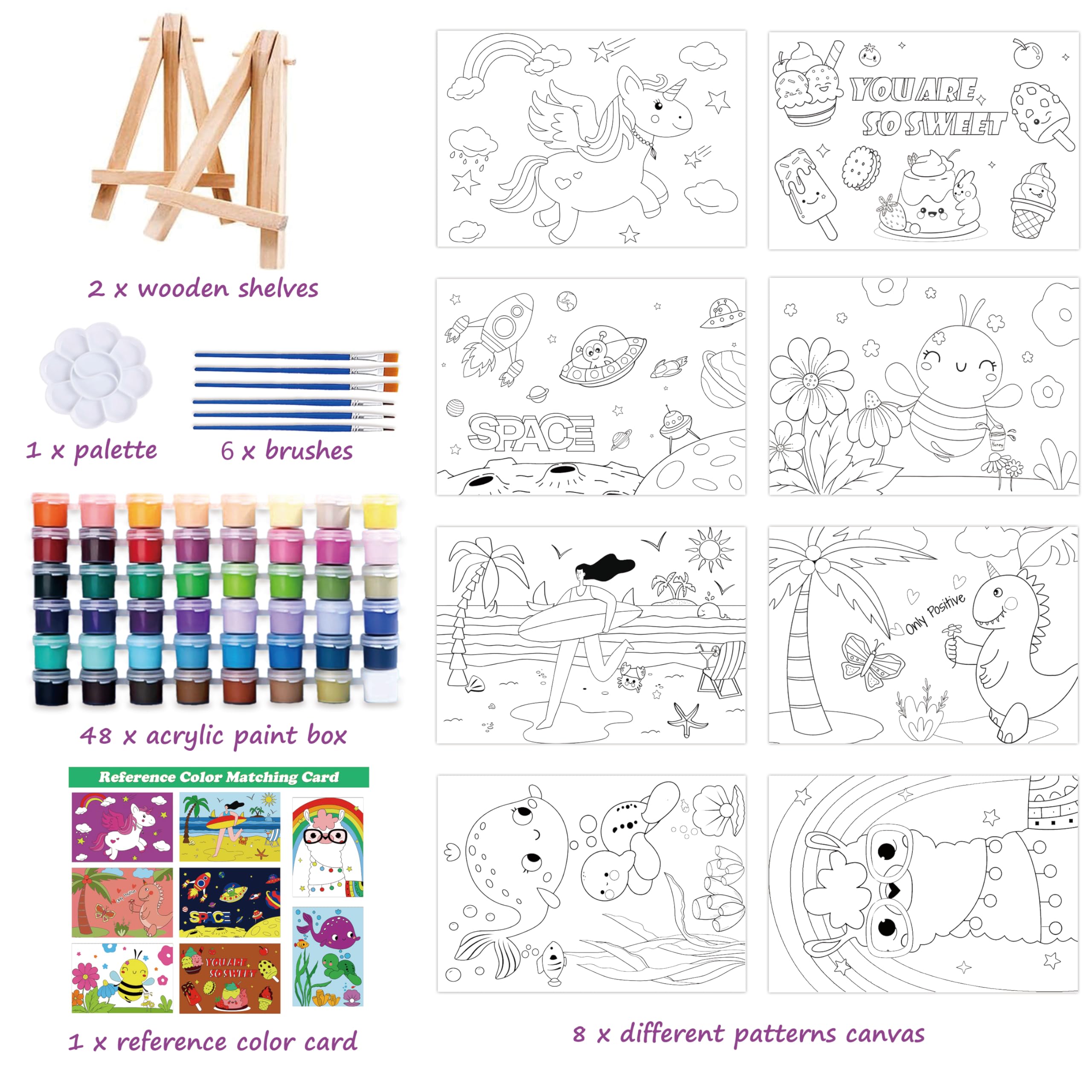 RYRIWOU Pre Drawn Canvas Set 8 Packs Pre-Printed Canvas Acrylic Oil Painting Kit for Kids Ages 8-12 9-12 5x7 inch Canvas with 48 Paints 6 Brushes 2 Easels for Party Favor School Projects