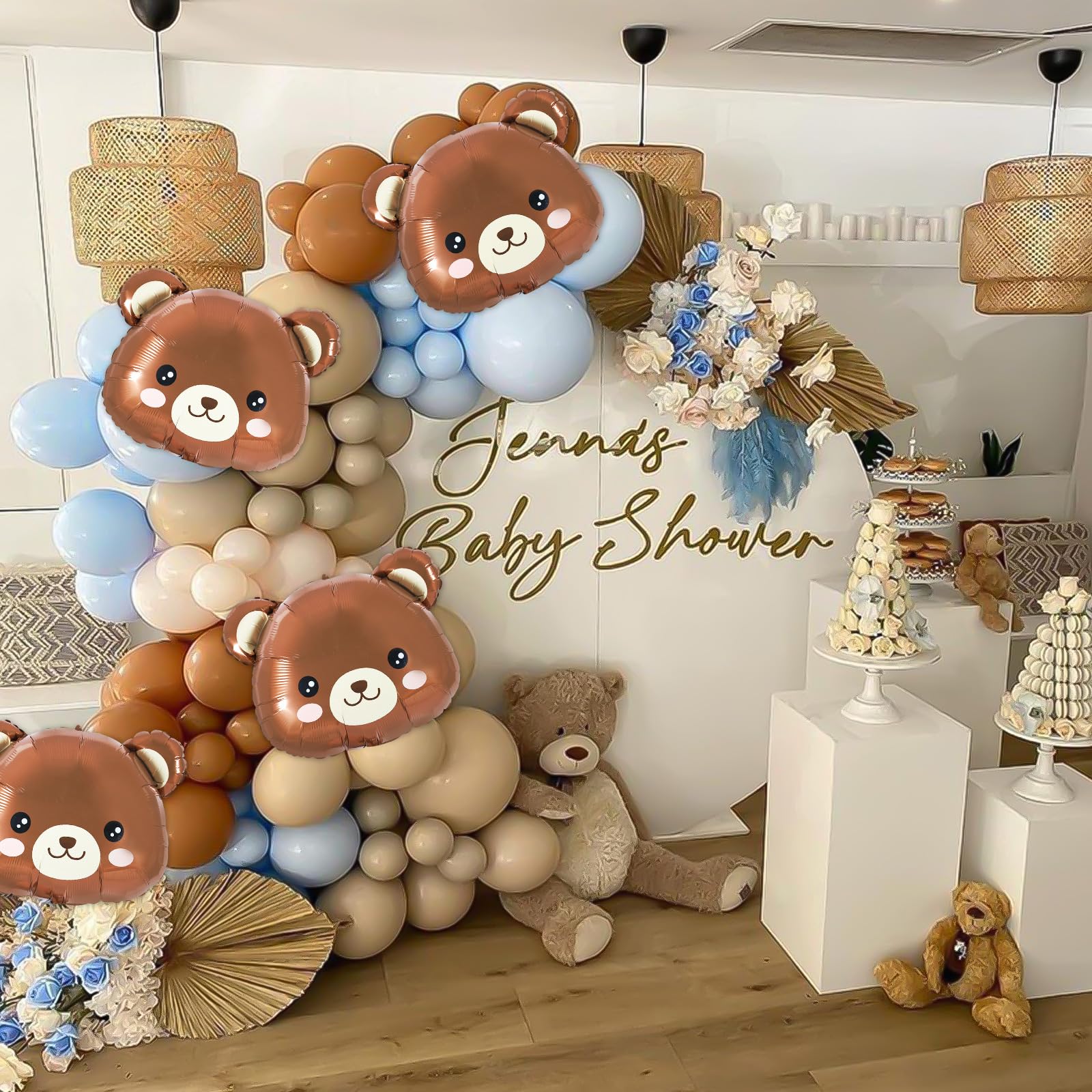 Whaline Blue Brown Balloon Garland Arch Kit 163Pcs Round Latex Bear Foil Balloons with Balloon Chain and Ribbon Set for Boys Girls Baby Shower Birthday Wedding Teddy Bear Boho Theme Party Decorations