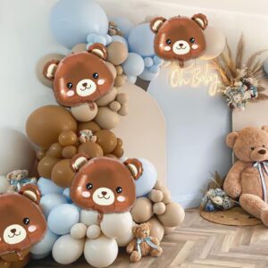 Whaline Blue Brown Balloon Garland Arch Kit 163Pcs Round Latex Bear Foil Balloons with Balloon Chain and Ribbon Set for Boys Girls Baby Shower Birthday Wedding Teddy Bear Boho Theme Party Decorations