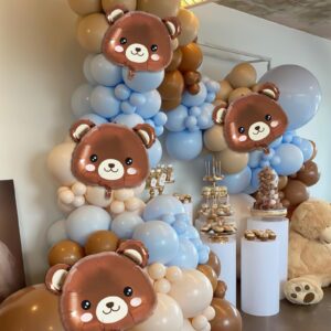 Whaline Blue Brown Balloon Garland Arch Kit 163Pcs Round Latex Bear Foil Balloons with Balloon Chain and Ribbon Set for Boys Girls Baby Shower Birthday Wedding Teddy Bear Boho Theme Party Decorations